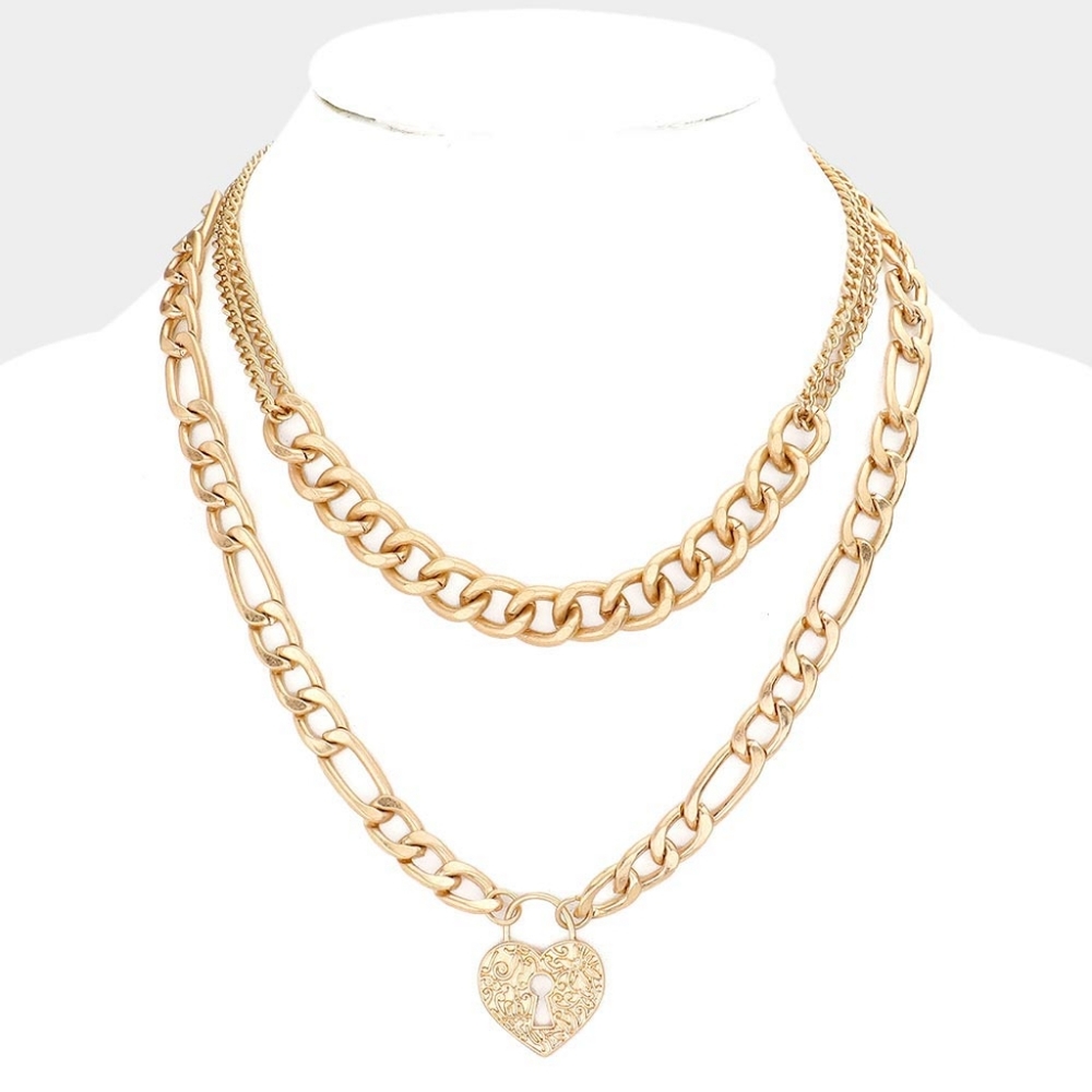 Gold Heart Lock Double Layered Necklace Metal Pendant Chain Link